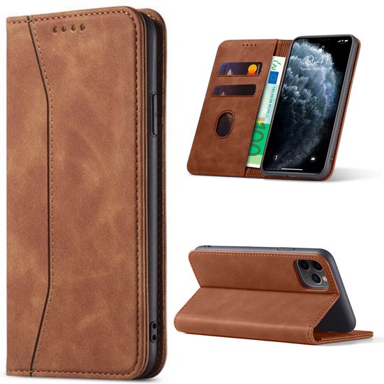 iPhone 12 Mini Bookcase Case - Magnétique - Cuir - Portefeuille - Book Case - Portefeuille - Flip Cover - Apple iPhone 12 Mini - Marron