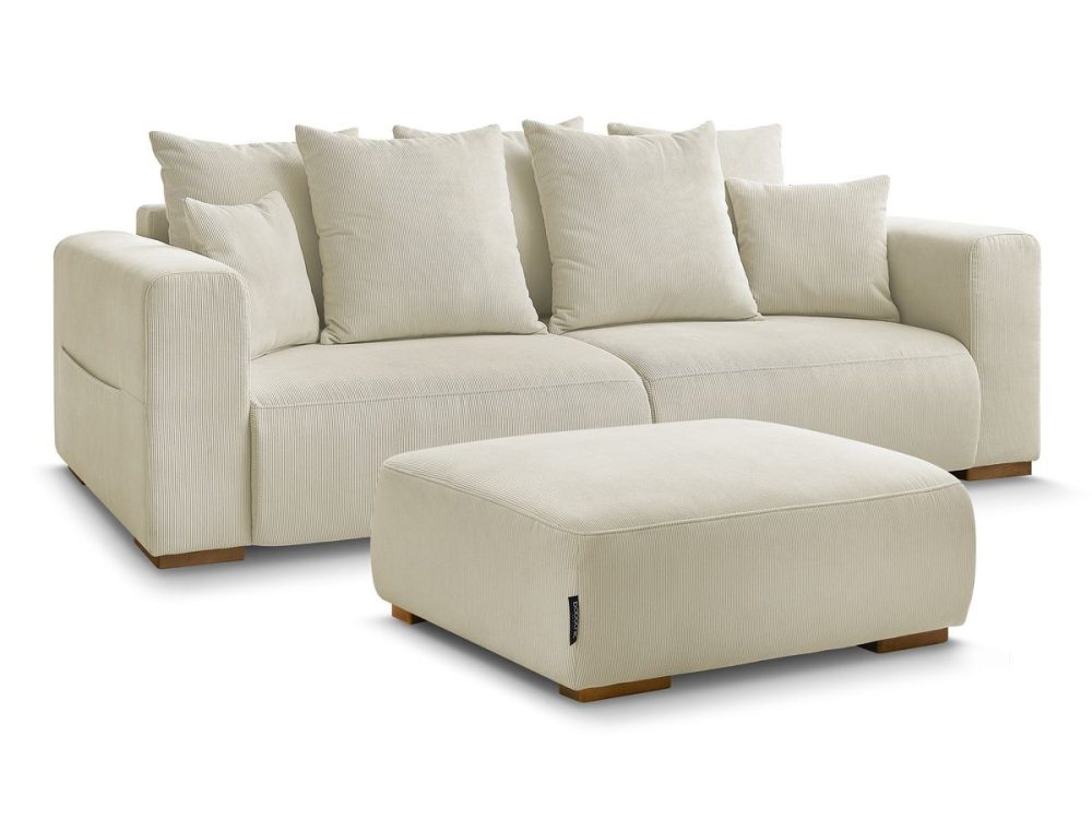 Canape droit fixe 3 places SIDONIE velours cotele avec pouf