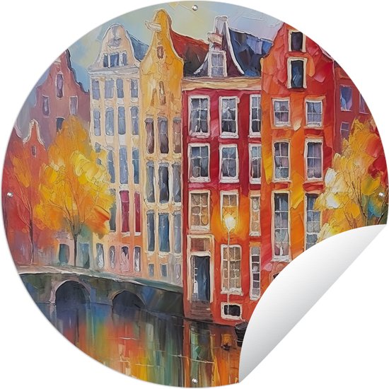 Jardin circulaire, maisons sur le canal – Art – Peinture – Amsterdam – 90×90 cm – Affiche de jardin ronde – Extérieur