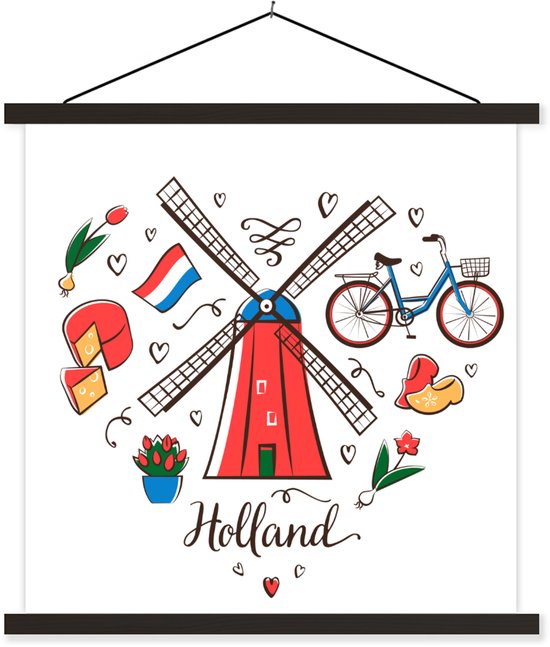 Illustration d'un moulin à vent avec le nom du pays des Nederland plaque d'école lattes plates noir 120x120 cm - Tirage photo sur affiche textielposter (décoration murale salon / chambre)