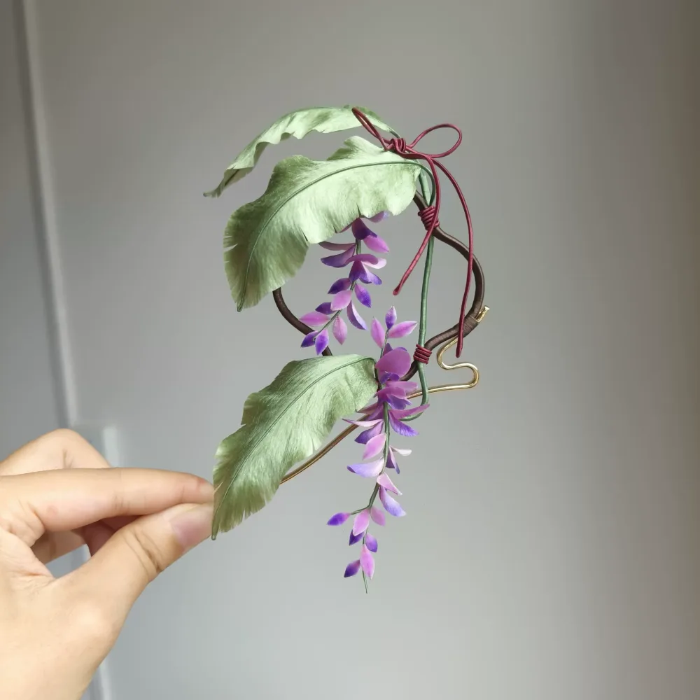 Handmade Ronghua Wisteria with Banana Leaf Hairpin - Mulberry Silk Velvet Flower Hair Pin – Image 2