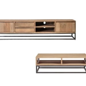 Ensemble BERGERAC avec meuble TV 200 cm + table basse en bois massif de manguier Ensemble BERGERAC avec meuble TV 200 cm + table basse en bois massif de manguier