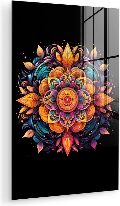 MuchoWow® Tableau sur verre 100x150 cm - Tableau sur verre acrylique - Mandala - Couleurs - Zwart - Fleurs - Photo sur verre - Décoration murale salon - Décoration murale chambre - Peintures