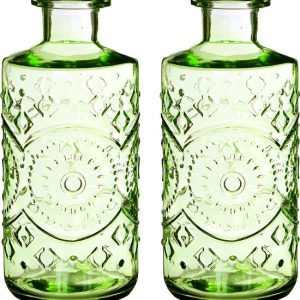 Ideas4seasons Vase à fleurs/vase bouteille Berlin – 2x – avec motif – verre transparent – vert clair – D9 x H21 cm Ideas4seasons Vase à fleurs/vase bouteille Berlin – 2x – avec motif – verre transparent – vert clair – D9 x H21 cm
