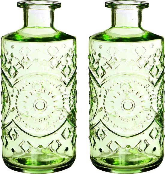 Ideas4seasons Vase à fleurs/vase bouteille Berlin - 2x - avec motif - verre transparent - vert clair - D9 x H21 cm