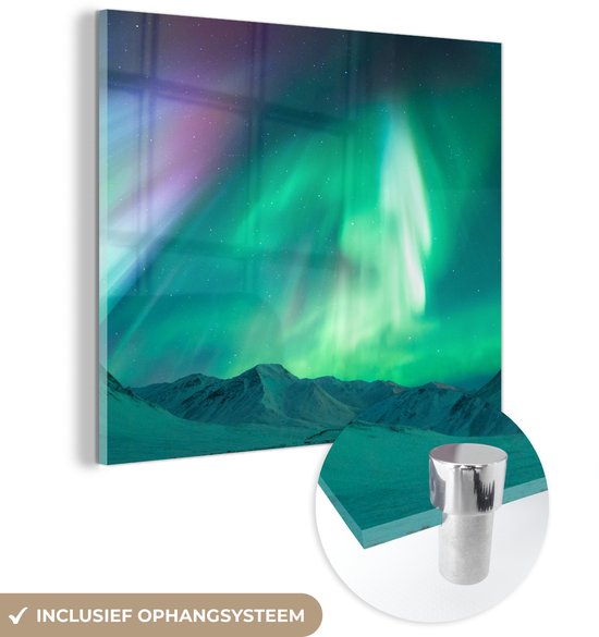MuchoWow® Peinture sur verre 20x20 cm - Peinture sur verre acrylique - Aurores boréales - Berg - Neige - Photo sur verre - Peintures