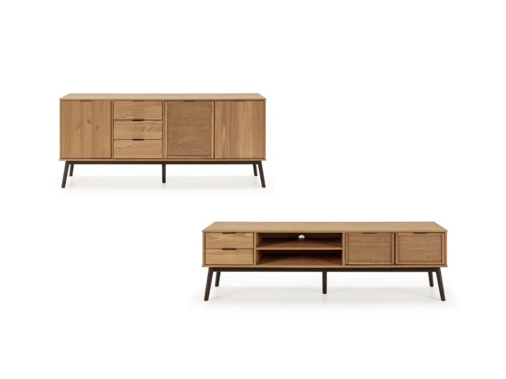 Ensemble ALBI avec buffet 186 cm + meuble TV 180 cm bois massif et rotin – Image 2