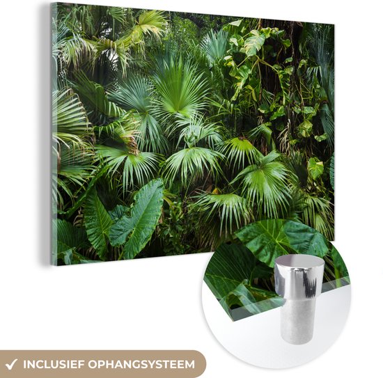 MuchoWow® Peinture sur verre 150x100 cm - Peinture acrylique sur verre - Feuilles de palmier - Soleil - Tropical - Photo sur verre - Peintures
