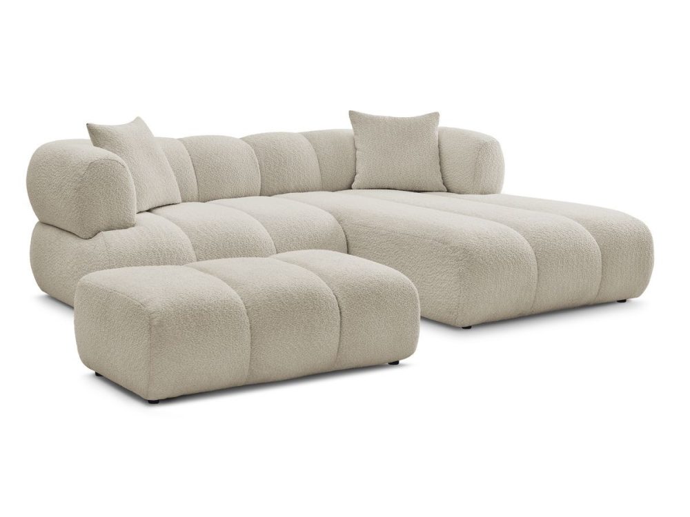 Canape d'angle fixe PAMIRA tissu bouclette avec pouf