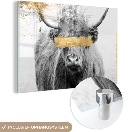 MuchoWow® Peinture sur verre 90x60 cm - Peinture sur verre acrylique - Highlander écossais - Or - Zwart - Wit - Photo sur verre - Peintures