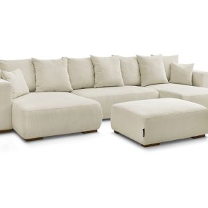 Canape panoramique convertible reversible coffre SIDONIE velours cotele avec pouf Canape panoramique convertible reversible coffre SIDONIE velours cotele avec pouf