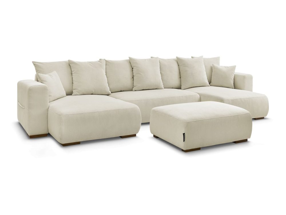 Canape panoramique convertible reversible coffre SIDONIE velours cotele avec pouf