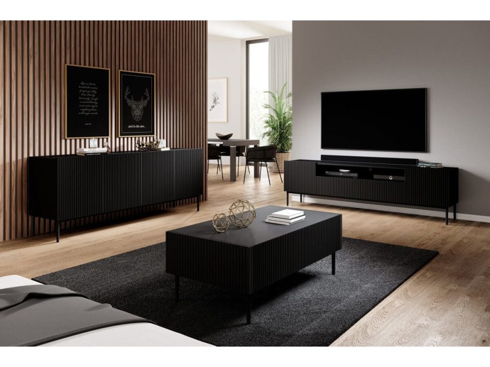 Ensemble KASHA avec Meuble TV 200 cm avec niche + Buffet 4 portes 200 cm pieds noirs – Image 2