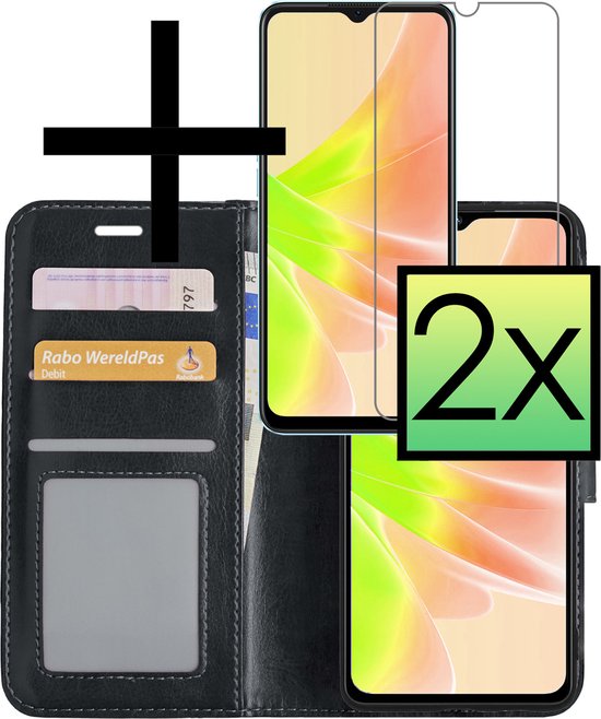 OPPO A17 Case Book Case Cover Flip Cover Bookcase 2x Avec Protecteur D'écran - Zwart