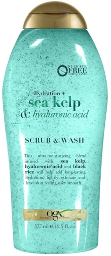 OGX Hydration + Algues Marines & Acide Hyaluronique Body Scrub – Gel Douche Exfoliant sans Sulfate avec Riz Noir 577ML