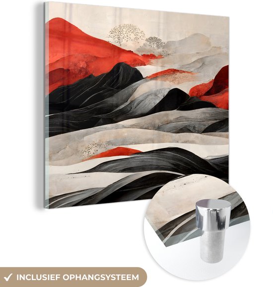 MuchoWow® Tableau sur verre 90x90 cm - Tableau sur verre acrylique - Art - Montagnes - Rouge - Wit - Zwart - Photo sur verre - Décoration murale salon - Décoration murale chambre - Peintures