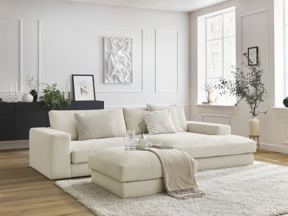 Canape d'angle fixe compact LEONARD velours cotele avec pouf – Image 2
