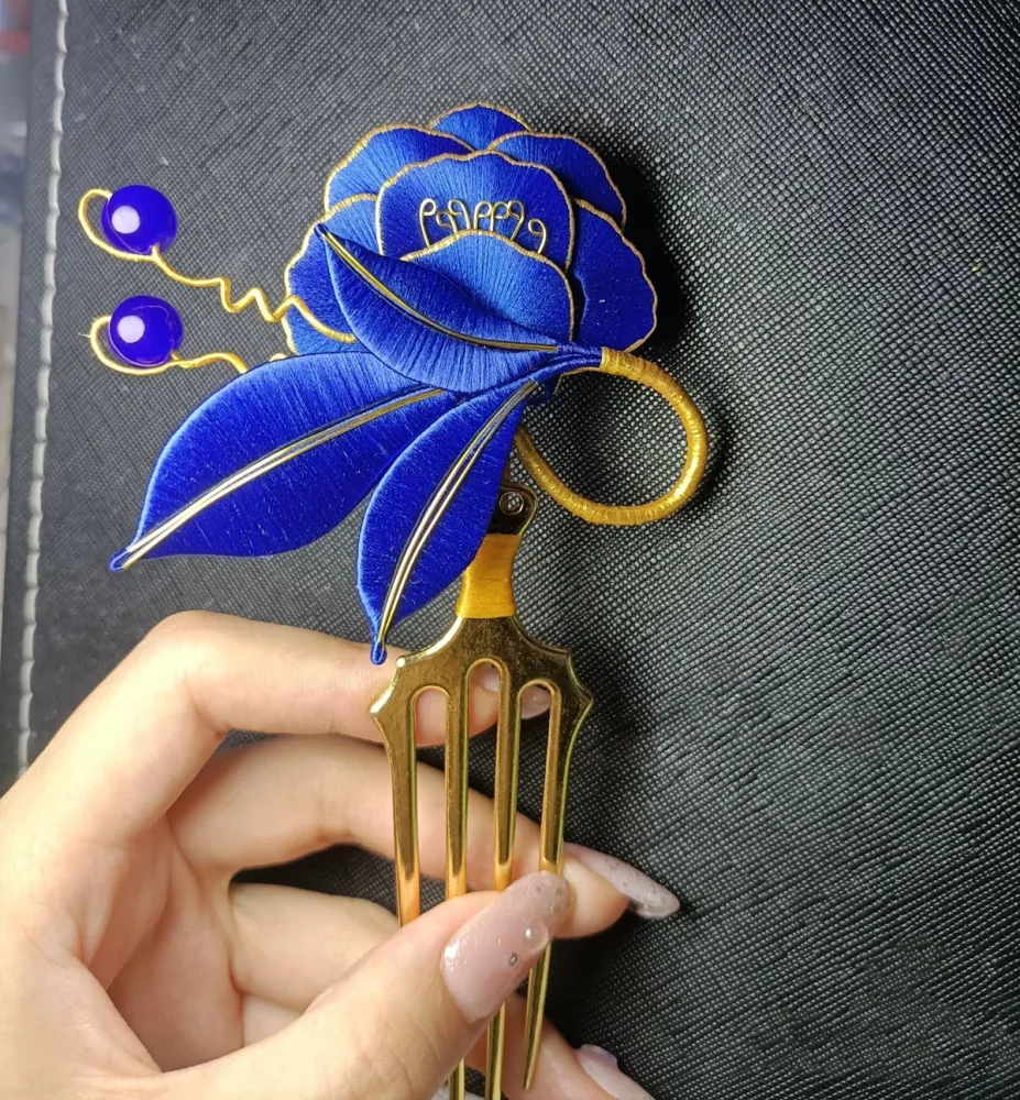 Blue Flower Handmade Hairpin - Silk Hairpin(Chanhua) – Image 3