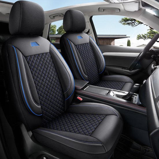 Housses de siège de voiture sur mesure pour Audi A3 8Y 2020| Ensemble de 2 pièces | Siège conducteur + passager série AIS | AIS102 | Zwart avec coutures bleues