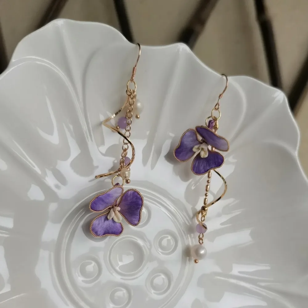 Purple Flower Bespoke Earring - Silk Earring(Ronghua) – Image 2