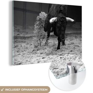 MuchoWow® Peinture sur verre 150×100 cm – Peinture sur verre acrylique – Un taureau courant dans un bac à sable – noir et blanc – Photo sur verre – Peintures MuchoWow® Peinture sur verre 150×100 cm – Peinture sur verre acrylique – Un taureau courant dans un bac à sable – noir et blanc – Photo sur verre – Peintures