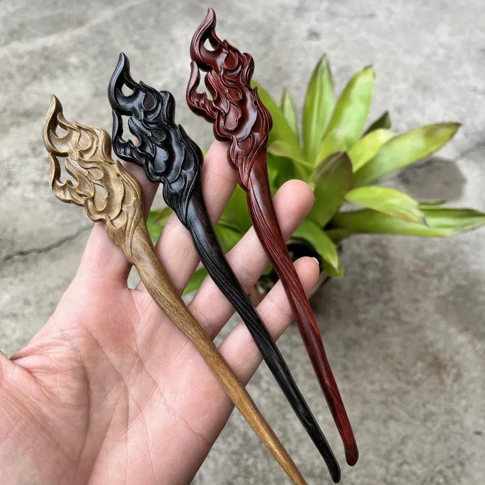 Natural Wooden Flame Hair Stick Set - 19cm Hairpin (火焰)