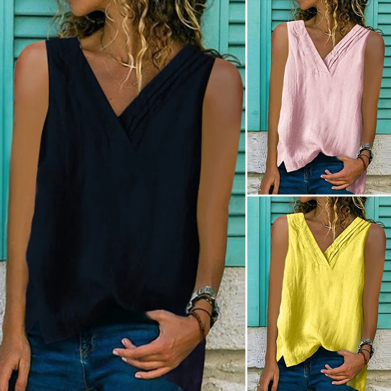 Gilet sans manches col V uni en coton et lin – Image 3