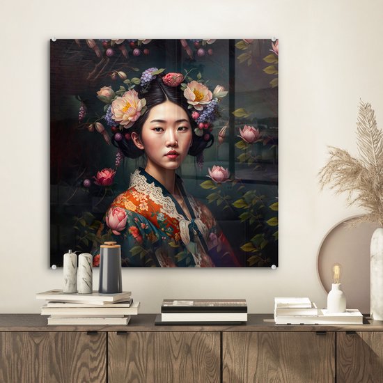 MuchoWow® Peinture sur verre - Femme - Fleurs - Kimono - Portrait - Asiatique - 50x50 cm - Peintures sur verre acrylique - Photo sur Glas