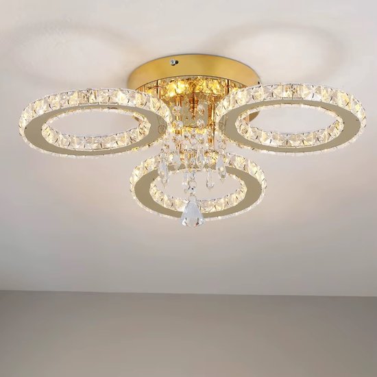 Lustre 3 cercles doré - Intensité variable avec télécommande - Lampe de salon - Plafonnier LED - Plafonnier - Lampe LED en Crystal