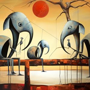 JJ-Art (Aluminium) 90×60 | Éléphants sur un banc, surréalisme abstrait, style Salvador Dali , art | animal, soleil couchant, gris, marron, rouge, moderne | photo peinture sur dibond, décoration murale métal JJ-Art (Aluminium) 90×60 | Éléphants sur un banc, surréalisme abstrait, style Salvador Dali , art | animal, soleil couchant, gris, marron, rouge, moderne | photo peinture sur dibond, décoration murale métal
