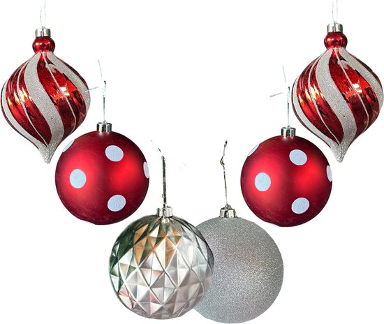HEM Grandes Boules de Noël - 6 pièces - 15 CM - Décoration de plafond de Noël - Décoration de Winkel de Noël - Décoration de vitrine de Noël - Rouge / Argent / Glitter