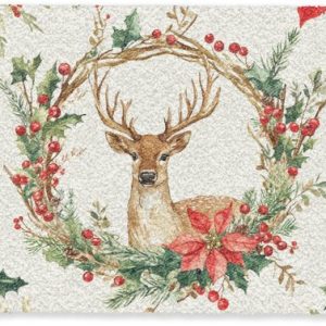 Paillasson 60×40 cm – Paillasson Couronne de Noël – Cerf – Houx – Rouge – Tapis d&rsquo;intérieur – Paillasson – Paillassons imprimé – Tapis d&rsquo;entrée