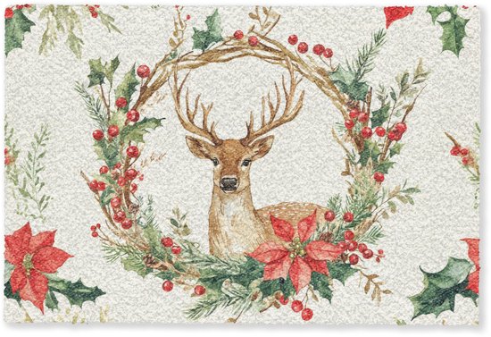 Paillasson 60x40 cm - Paillasson Couronne de Noël - Cerf - Houx - Rouge - Tapis d'intérieur - Paillasson - Paillassons imprimé - Tapis d'entrée