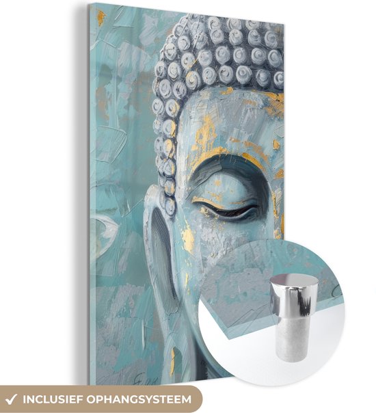 MuchoWow® Peinture sur verre 80x120 cm - Peinture sur verre acrylique - Bouddha - Bloem - Lotus - Or - Blauw - Photo sur verre - Décoration murale salon - Décoration murale chambre - Peintures