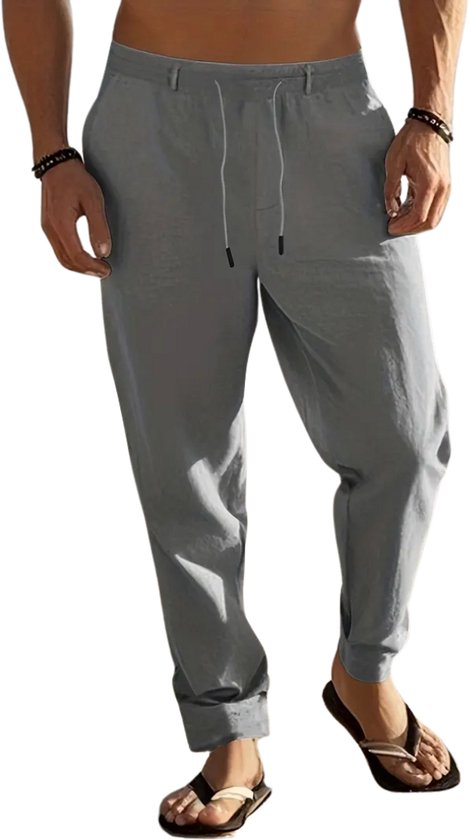 Pantalon en lin Livano pour homme - Pantalon d'été - Adultes - Pantalon long - Pantalon de plage - Été - Style Ibiza - Grijs - Taille L