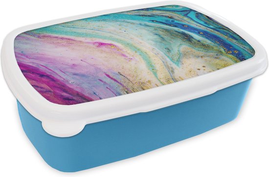 Lunch box Blauw - Lunch box - Boîte à pain - Marbre - Peinture - Arc-en-ciel - 18x12x6 cm - Enfants - Garçon