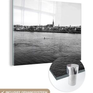 MuchoWow® Peinture sur verre 160×120 cm – Peinture sur verre acrylique – Rivière Waal et Nimègue en arrière-plan – noir et blanc – Photo sur verre – Peintures