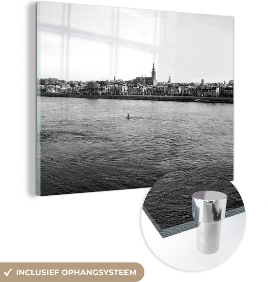 MuchoWow® Peinture sur verre 160x120 cm - Peinture sur verre acrylique - Rivière Waal et Nimègue en arrière-plan - noir et blanc - Photo sur verre - Peintures
