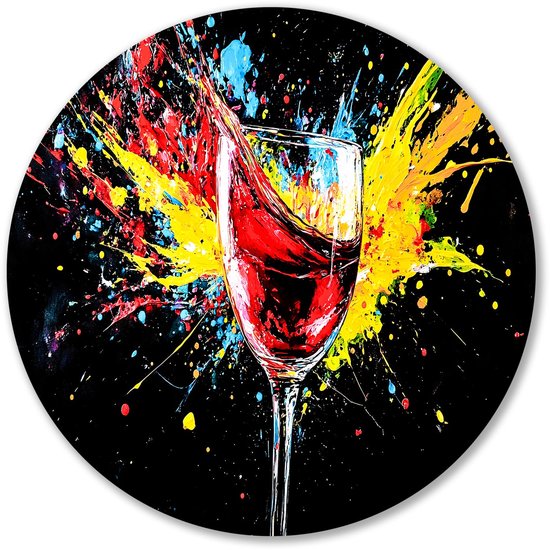Glas de vin et touches de couleur - Décoration Vin ronde en verre - Assiette murale en verre - Expressionnisme abstrait - Cercle d'œuvres d'art Forex - Appliquer l'art mural - Cercle mural forex 50x50 cm