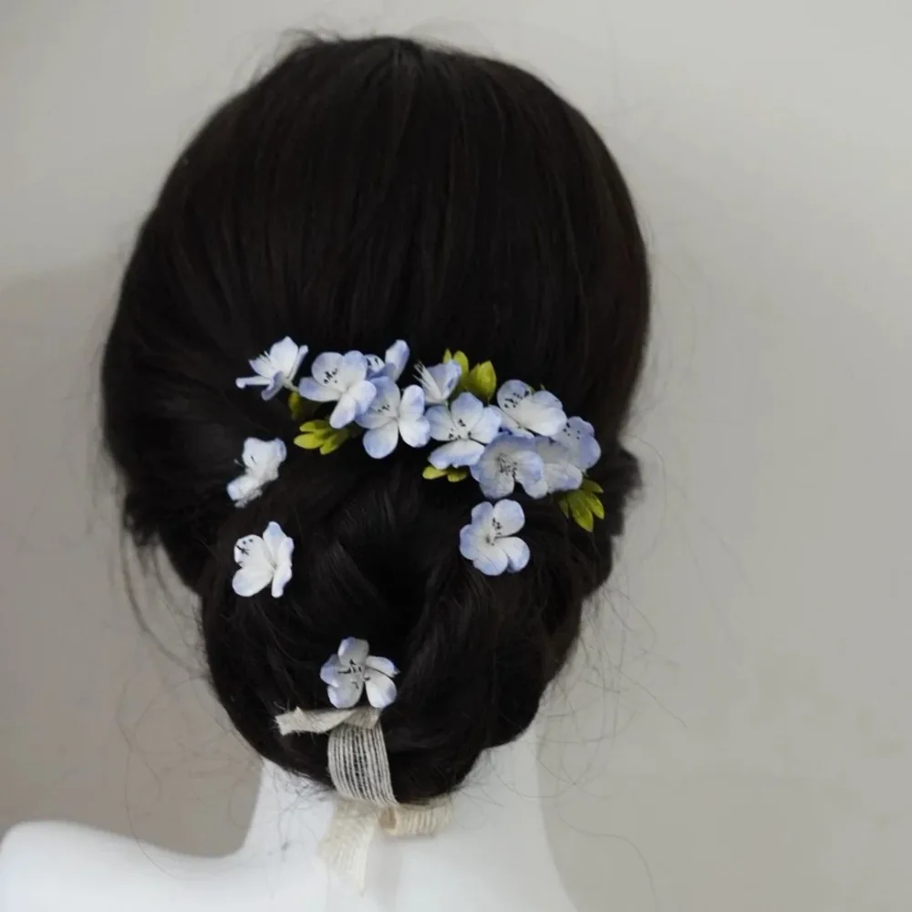 Delicate Handcrafted Blue & White Mulberry Silk Ronghua Hair Pin Set – Image 2