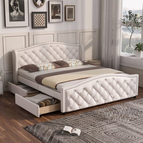 MIVRAY Lit Rembourré 140x200 Cm Sans Matelas - Avec Sommier À Lattes Et 2 Tiroirs - Tête De Lit Chesterfield Avec Boutons - Pu - Blanc