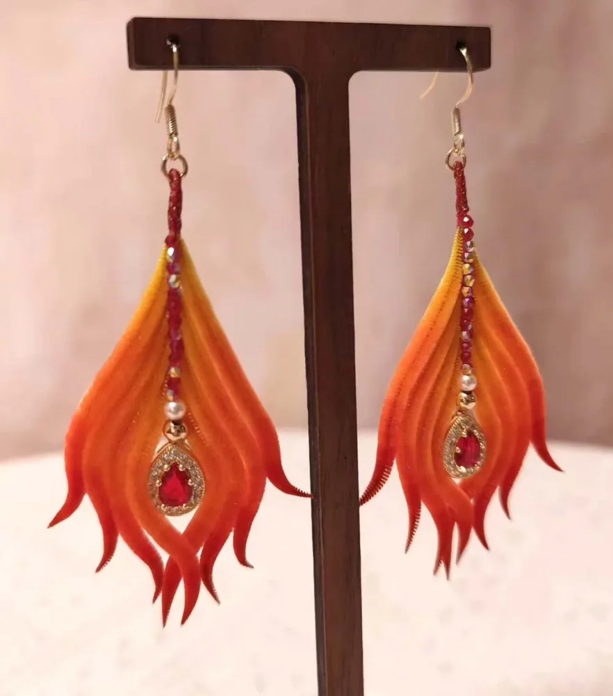 Handmade Ronghua Phoenix Tail Feather Earrings | Red-Orange Mulberry Silk Velvet Long Drop Earrings – Image 2