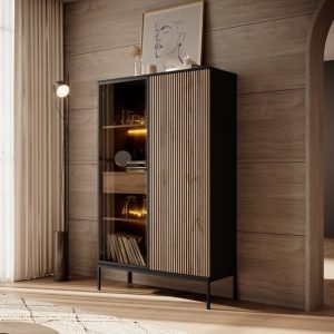 Meubella – Vitrine Legend – Noir mat – Chêne – 104 cm