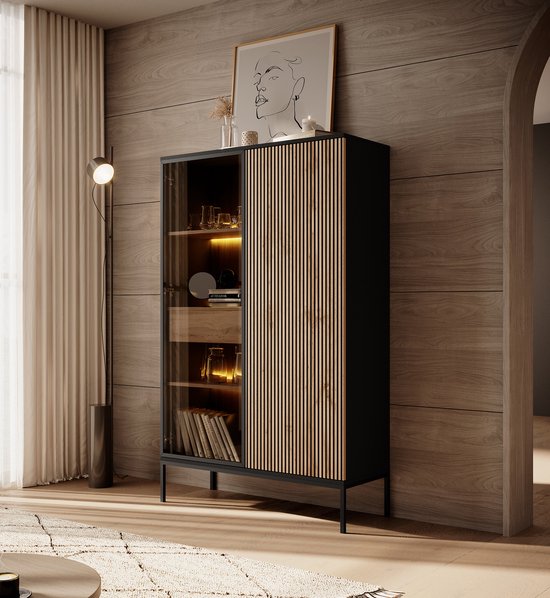 Meubella - Vitrine Legend - Noir mat - Chêne - 104 cm