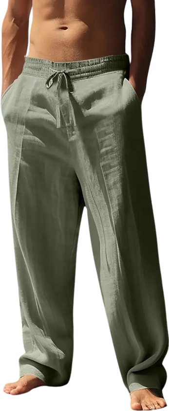 Pantalon en lin Nivard pour homme - Pantalon d'été - Adultes - Pantalon long - Pantalon de plage - Été - Style Ibiza - Vert - Taille S