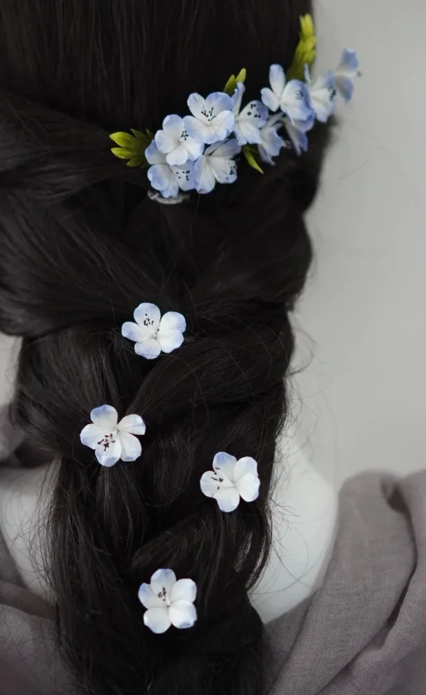 Delicate Handcrafted Blue & White Mulberry Silk Ronghua Hair Pin Set – Image 3