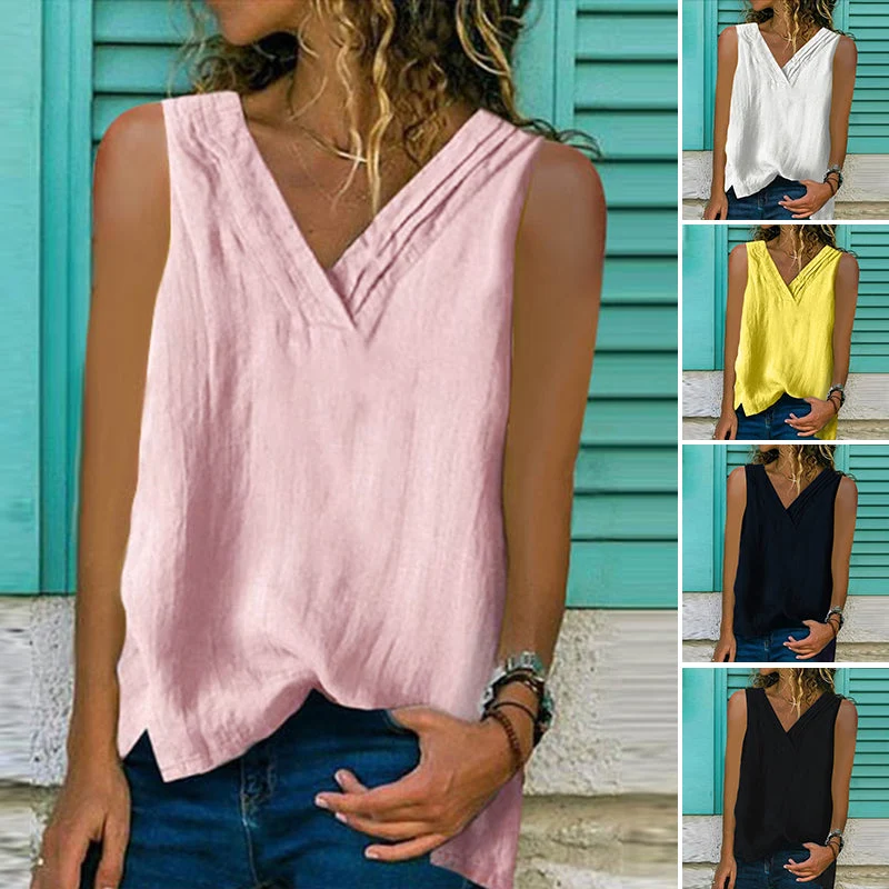 Gilet sans manches col V uni en coton et lin – Image 2