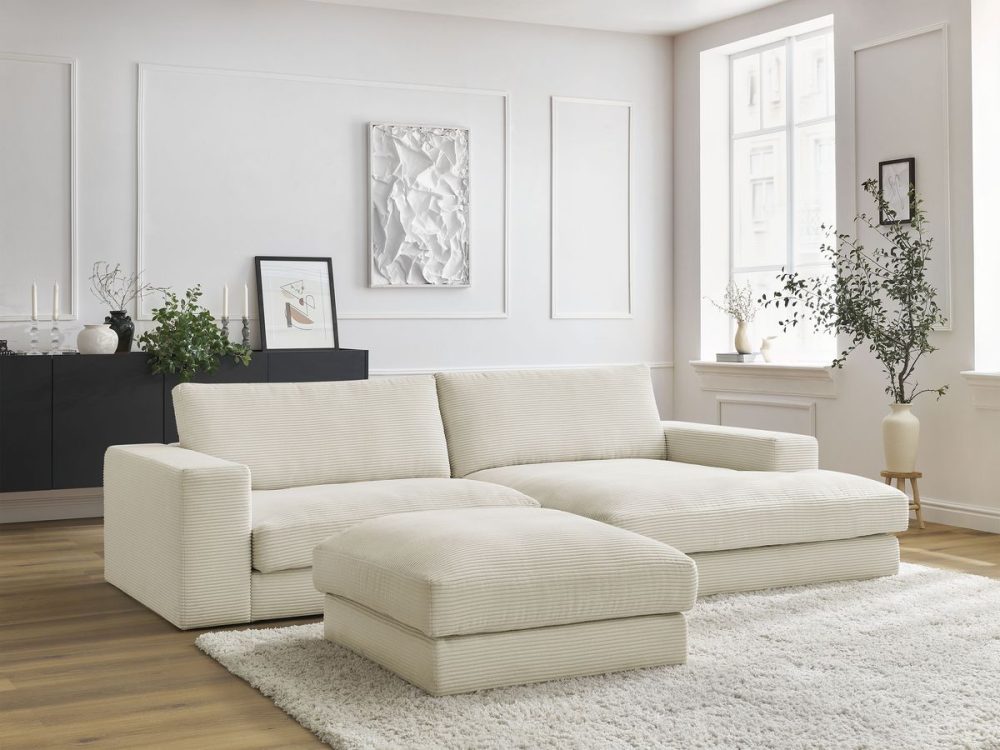 Canape d'angle fixe compact LEONARD velours cotele avec pouf – Image 3