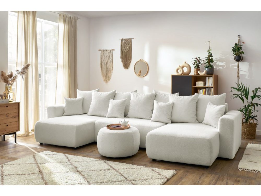Canape panoramique convertible coffre ENVY tissu bouclette avec pouf rond – Image 2