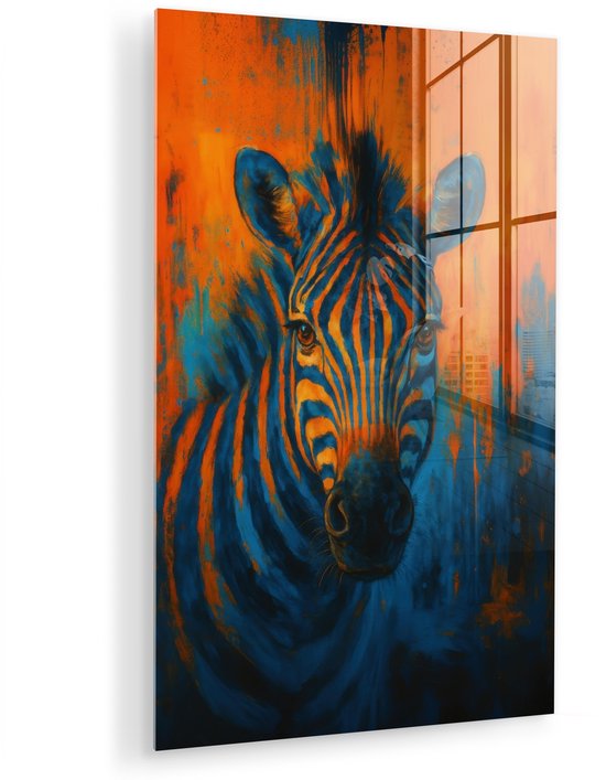 MuchoWow® Peinture sur verre 120x180 cm - Peinture acrylique sur verre - Zebra - Abstrait - Blauw - Photo sur verre - Décoration murale salon - Décoration murale chambre - Peintures
